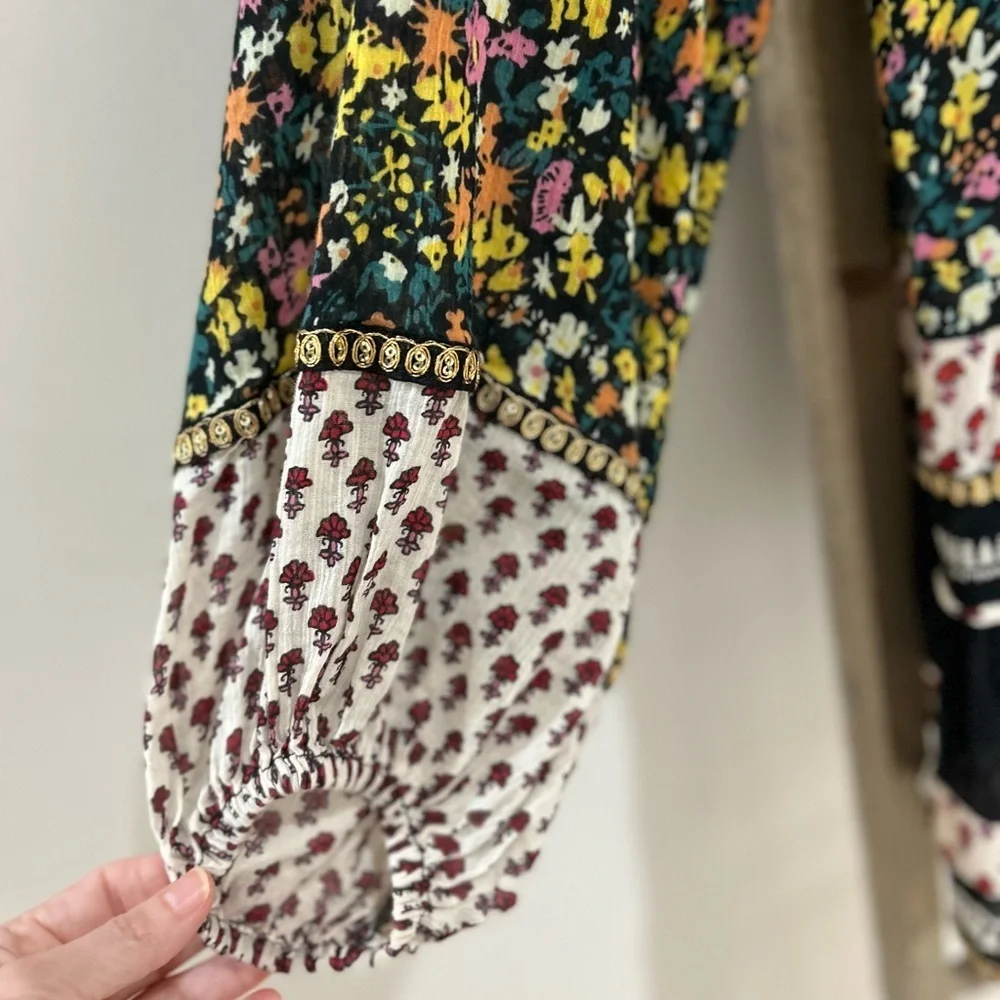 FREE PEOPLE Gardenia Tunic in Black Yellow Floral Sequin Oversized Size Small